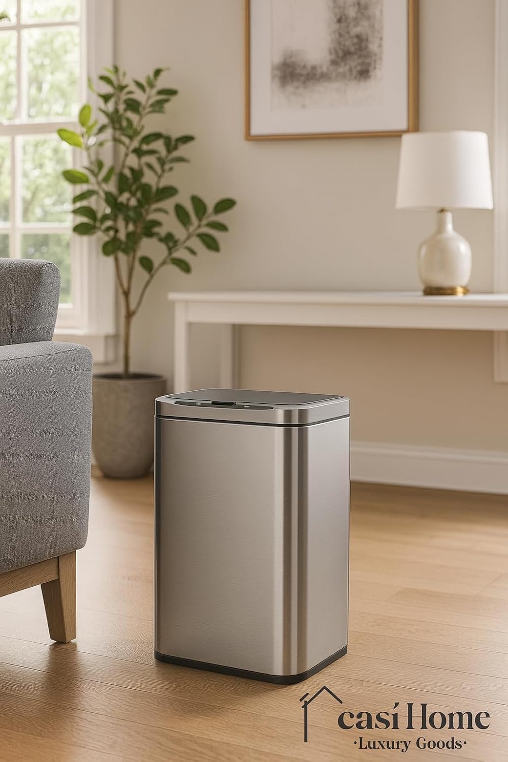 6.6 Gallon Motion Sensor Trash Can - Automatic Touchless Garbage Can - Rectangular Stainless Steel Trash Can for Home Office Kitchen Bedroom Living Room (Silver)