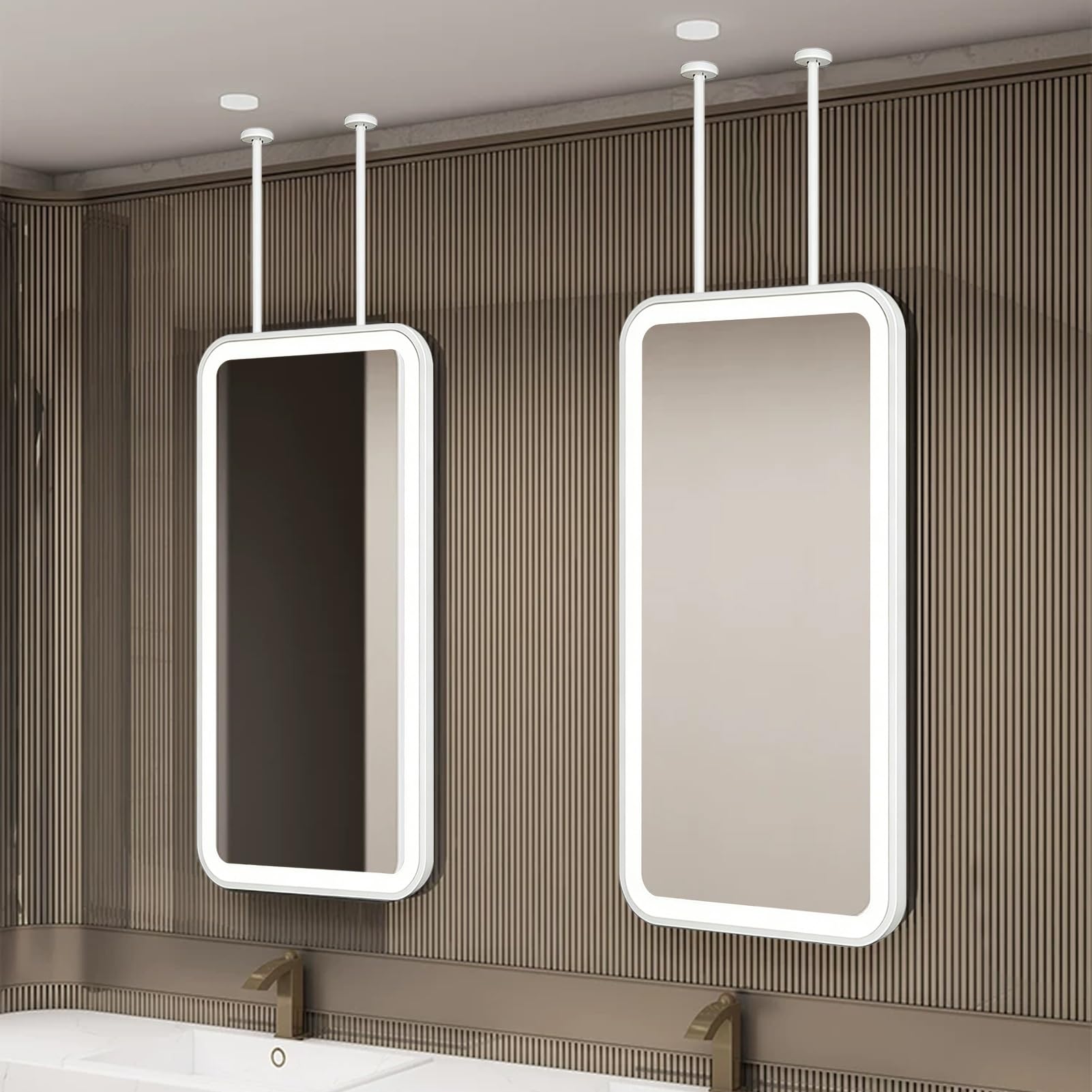 FGXHHS Rectangle LED ｜Wall-Mounted Vanity Mirrors for Ceiling Hanging Illuminated Mirror｜White Metal Framed Decorative Glass Mirrors｜3 Colour Dimmable Lights(40cmx70cm)