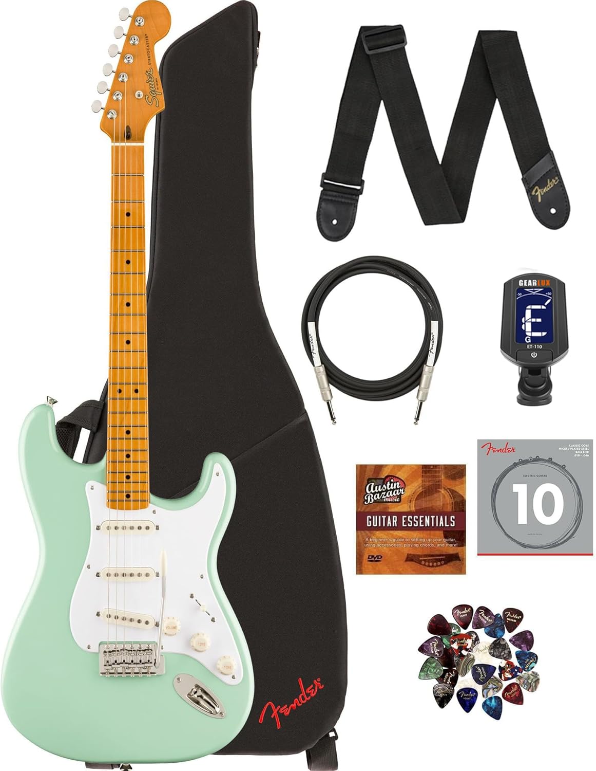 Fender Squier Classic Vibe '50s Stratocaster - Surf Green Bundle with Gig Bag, Cable, Tuner, Strap, Strings, Picks, and Austin Bazaar Instructional DVD