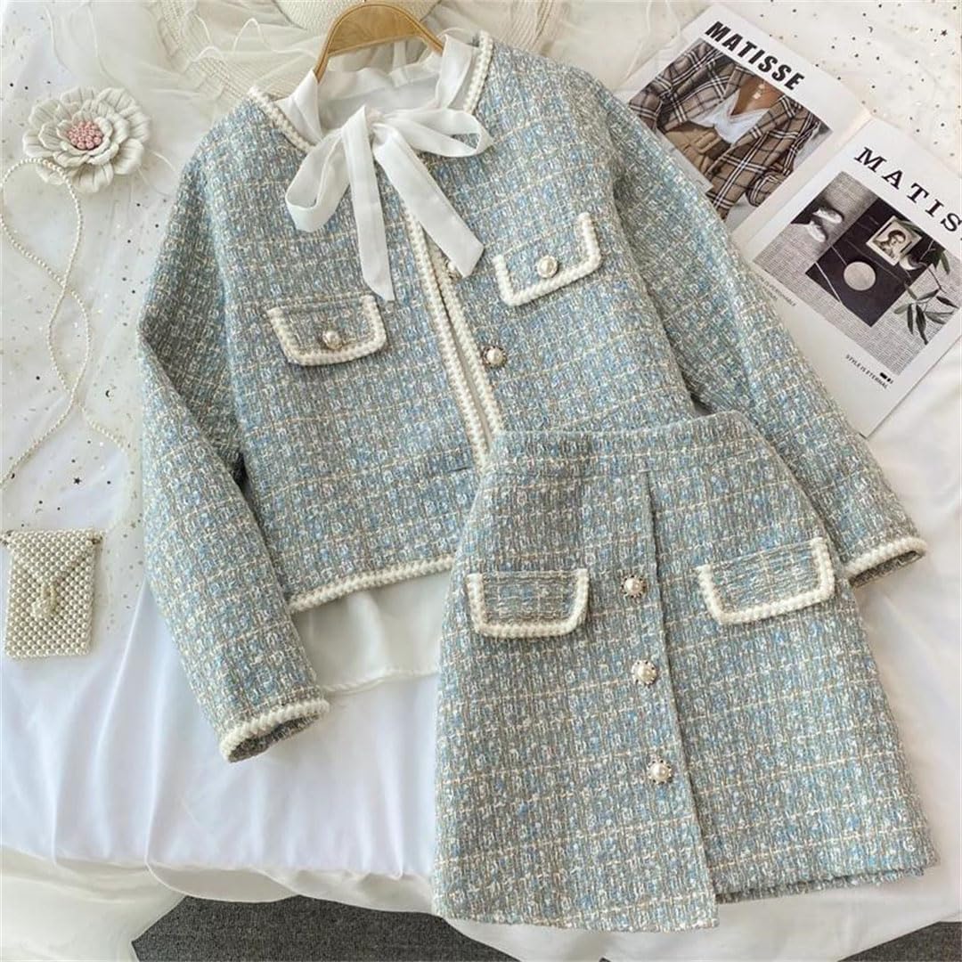 Women Tweed Two Piece Set Pearl Embroidery Jacket Irregular Skirt Outfit