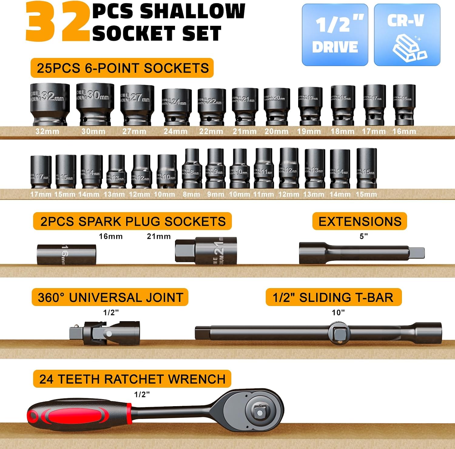 DIYtoolifz 1/2" Drive Impact Socket Set, 32 Pieces CR-V Steel Socket Wrench Set, SAE 1/2" and Metric Size 8-32mm Sockets with 24 Tooth Ratchet Wrench, Socket Kit for Car Truck Home Mower Lug Nut