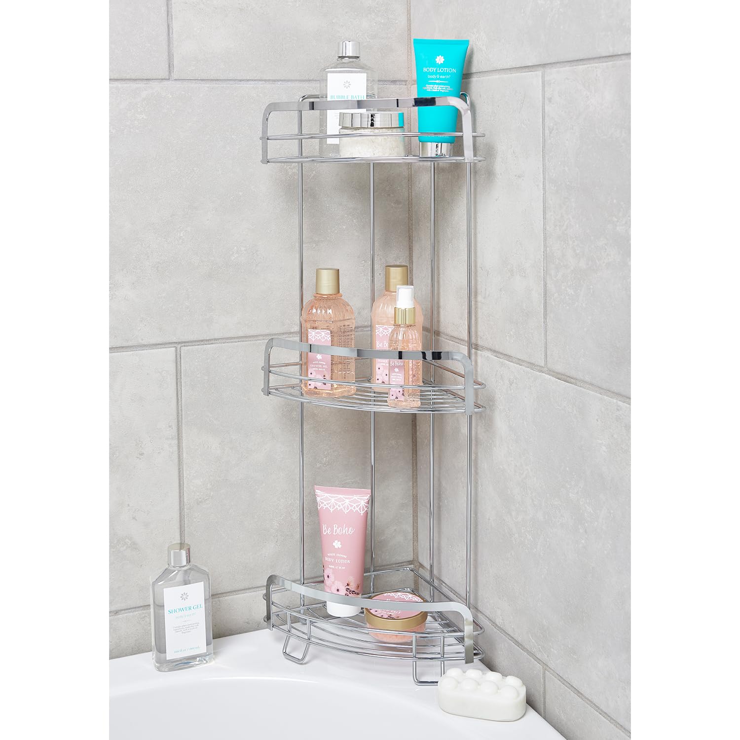 wilko Silver 3 Tier Corner Shower Caddy, Chrome Finish, Iron, 26.5x18.5x63cm