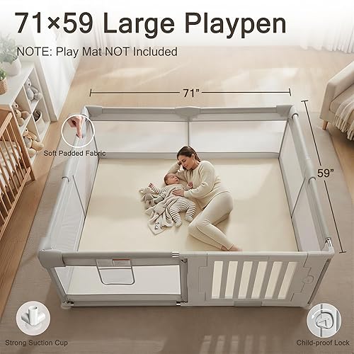 Miniatura 6 de Corralito grande de 71 x 59 pulgadas con puerta, corral de juego de fácil acceso para bebés y niños pequeños, patio de juegos para 0 a 3 años de