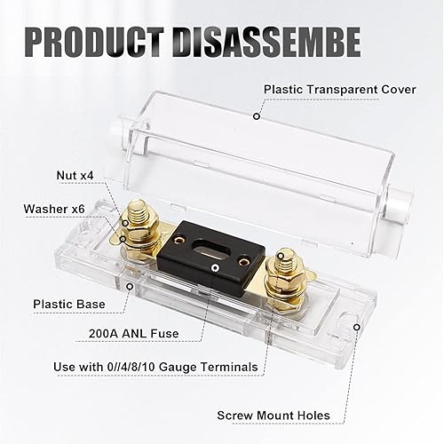 Miniatura 3 de Soporte de fusible ANL de 200 amperios de audio para automóvil, bloque de fusibles ANL calibre 024 AWG en línea con fusible de batería de 200 A con