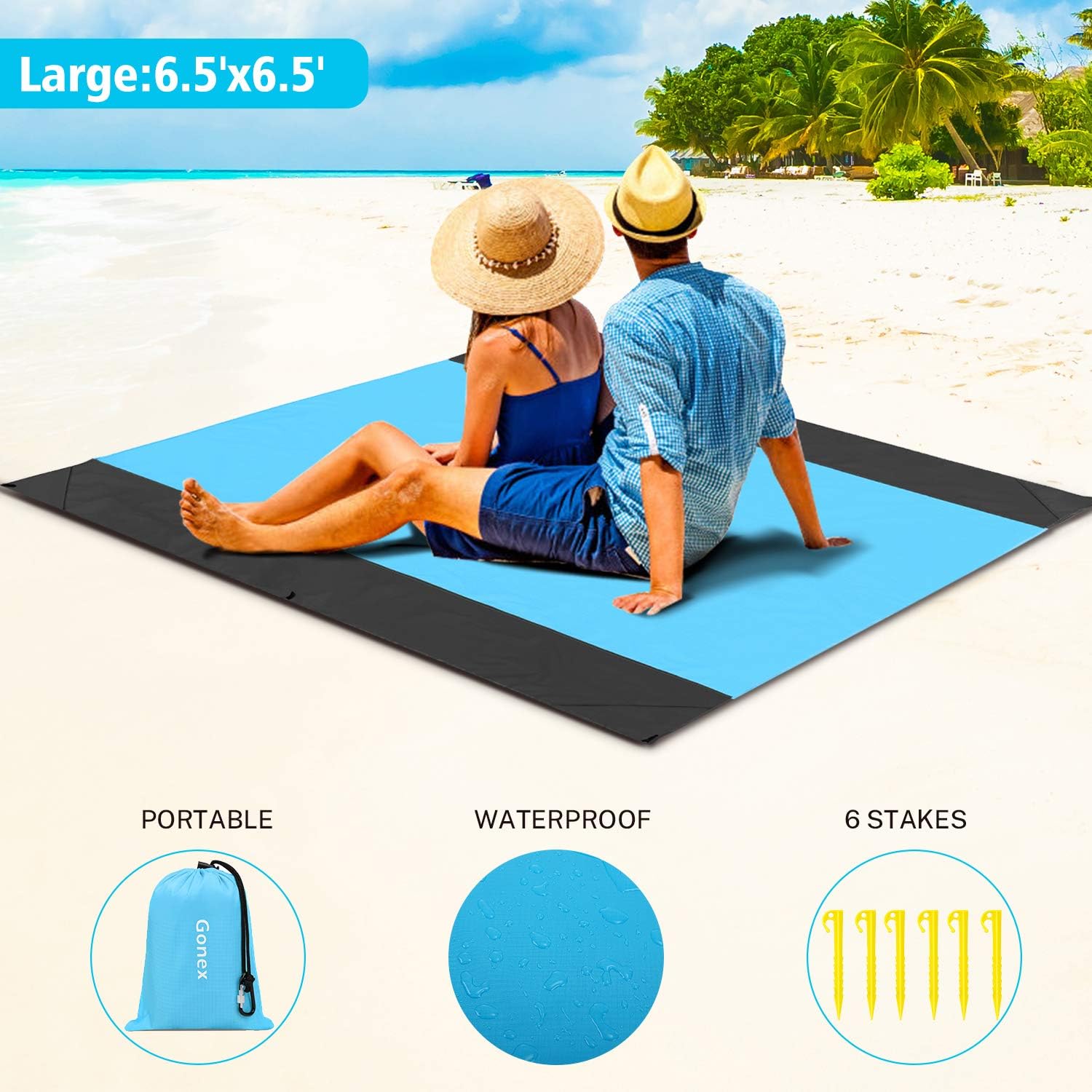 Gonex Sand Proof Beach Blanket, Waterproof Sand Free Compact Beach Mat Picnic Blanket Lightweight with Carry Pouch, Stakes, Carabiner for Outdoor, 10 x 9 FT Black Blue