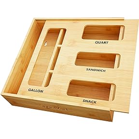 Bartnelli Bag Organizer for Kitchen Storage Organization, 4 PC Premium Bamboo Drawer Organizer, Bag Holder Dispenser