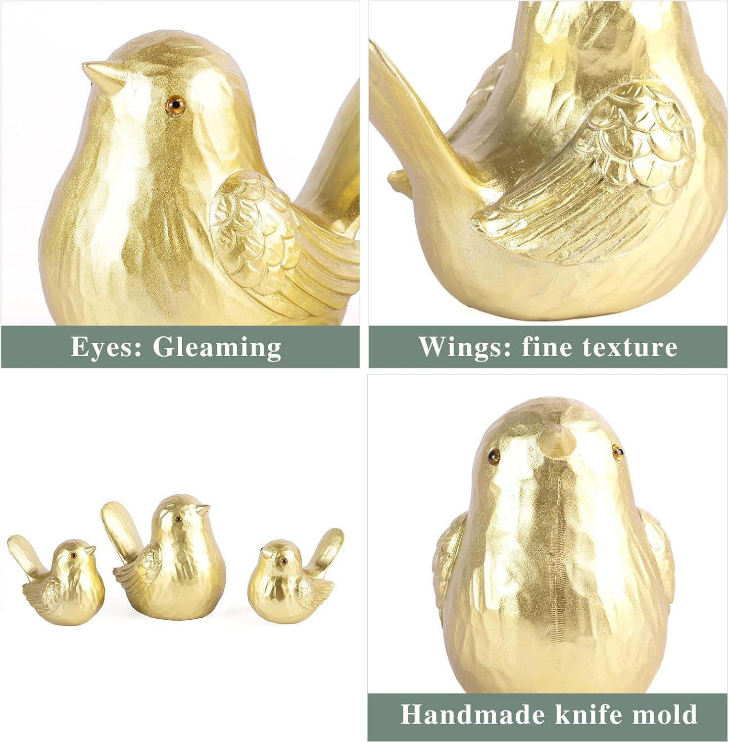 Small Bird Statue Home Decor - Gold Bird Figurines Decorative Ornaments for Living Room, Bedroom, Office Desktop, Cute Country Decor (Gold, 1B & 2S) - Image 4