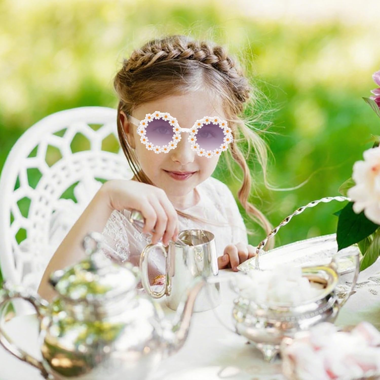 Semato 2 Pcs Flower Girl Sunglasses Round Daisy Flower Shaped Sunglasses UV 400 Protection Outdoor Beach Eyewear