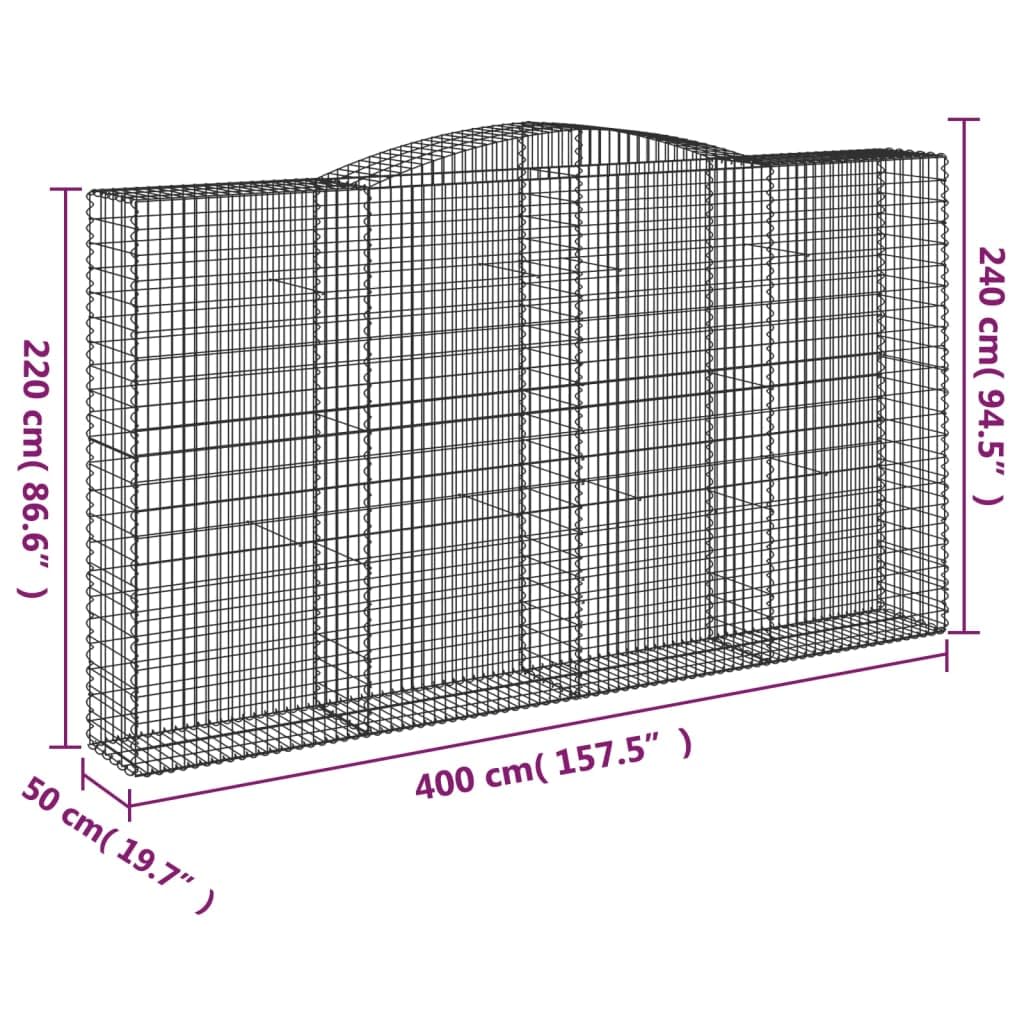 Gabionen mit Hochbogen 2 STK verzinktes Eisen 400x50x220/240 cm Gartendeko, schalldämmende Gartenbarriere, wetterfest für Terrasse Balkon Vorgarten