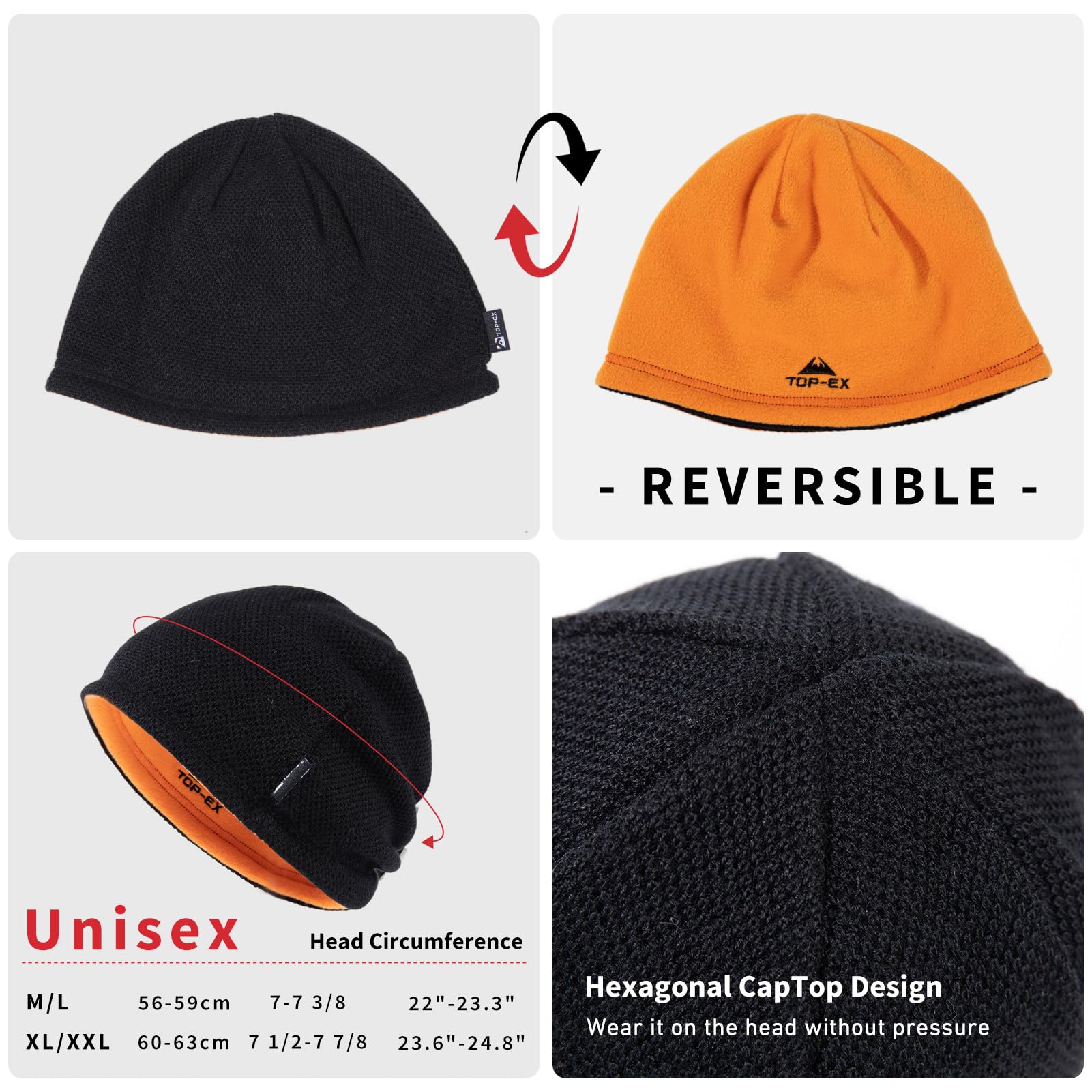TOP-EX XL/XXL - Gorro de lana de invierno para hombre, gorro de punto reversible con forro polar cálido