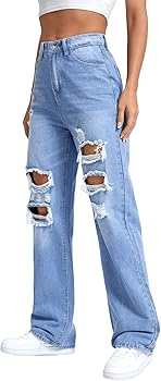 SweatyRocks Women's Ripped Straight Leg Jeans High Waist