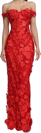Red Romantic Tailored Party Date Prom Dress Sleeveless Off Shoulder Corset Low Cut Floral Embroidered Maxi Evening Dress