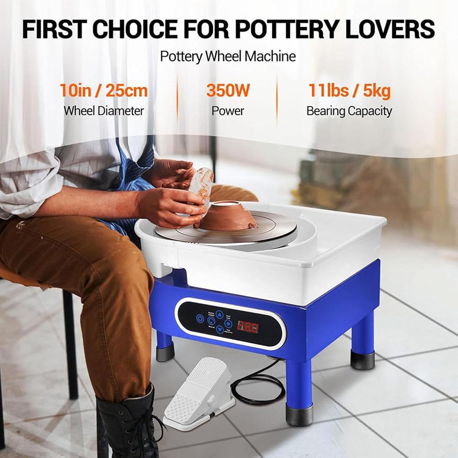 Electric Pottery Wheel Machine,25cm Turntable,LCD Touch Screen,with Foot Pedal,for Adults,Beginners,Art Craft (Blue)