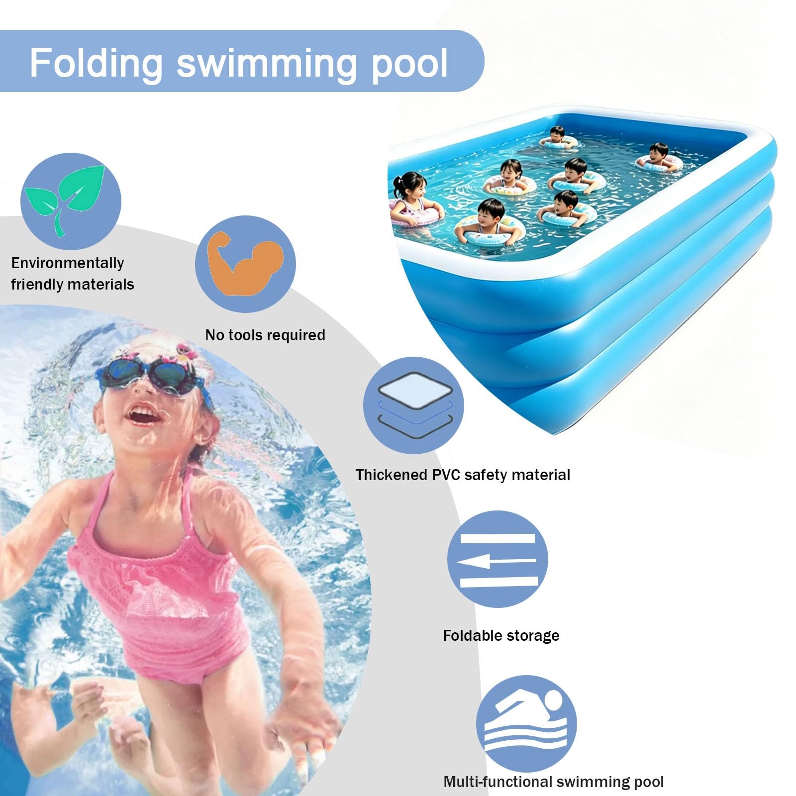 Aufblasbare Schwimmbecken Aus Dickem PVC | Großes Planschbecken für den Außenbereich(262*175*51cm)