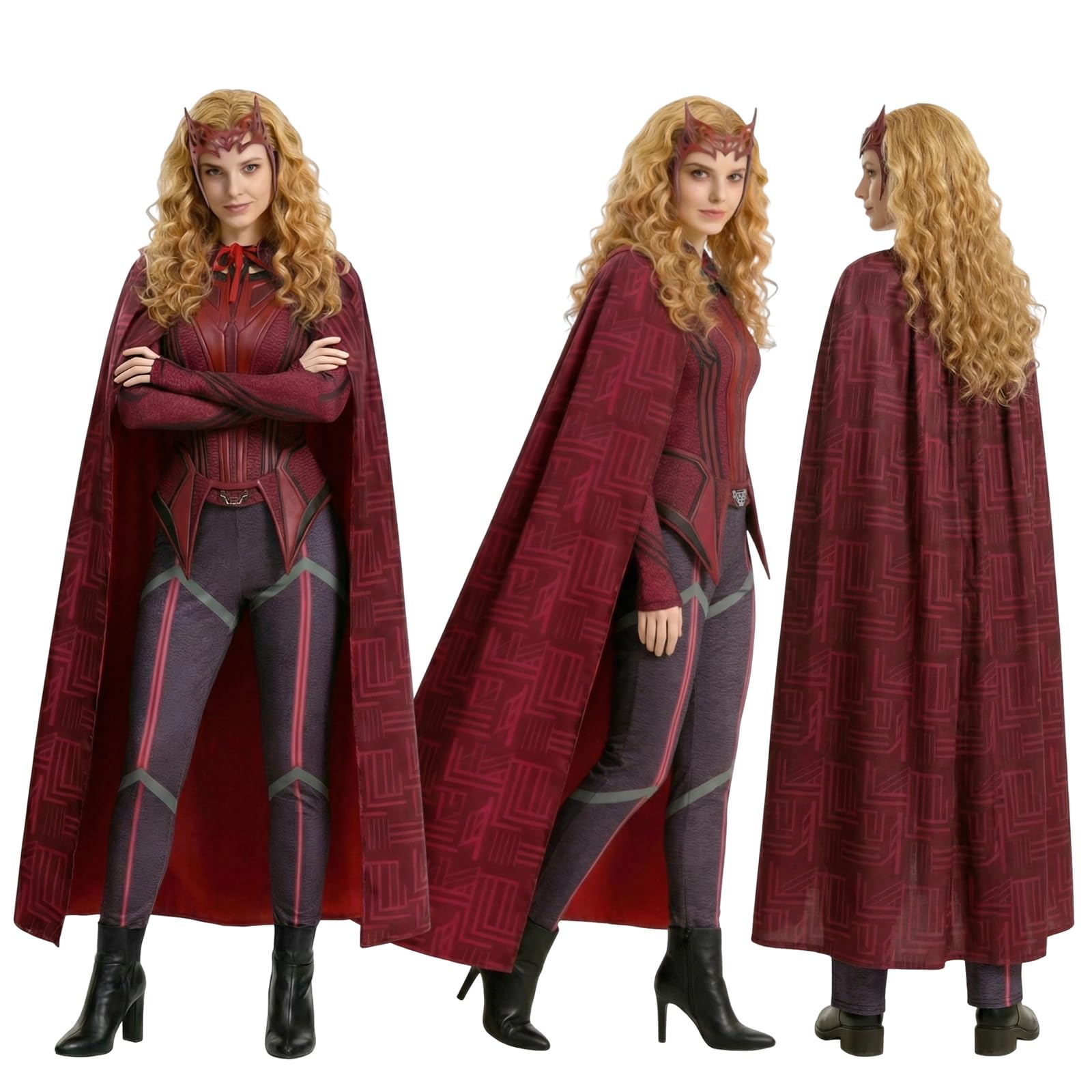 SINSEN Damen Wanda Maximoff Kostüm Scarlet Witch Cosplay Hose Anzug Umhang Outfit Kopfbedeckung für Halloween und Party