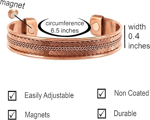 Miniatura 3 de Touchstone Pulsera magnética de cobre estilo tibetano forjado a mano con cobre puro sólido y de alto calibre. Delicada incrustación de latón.