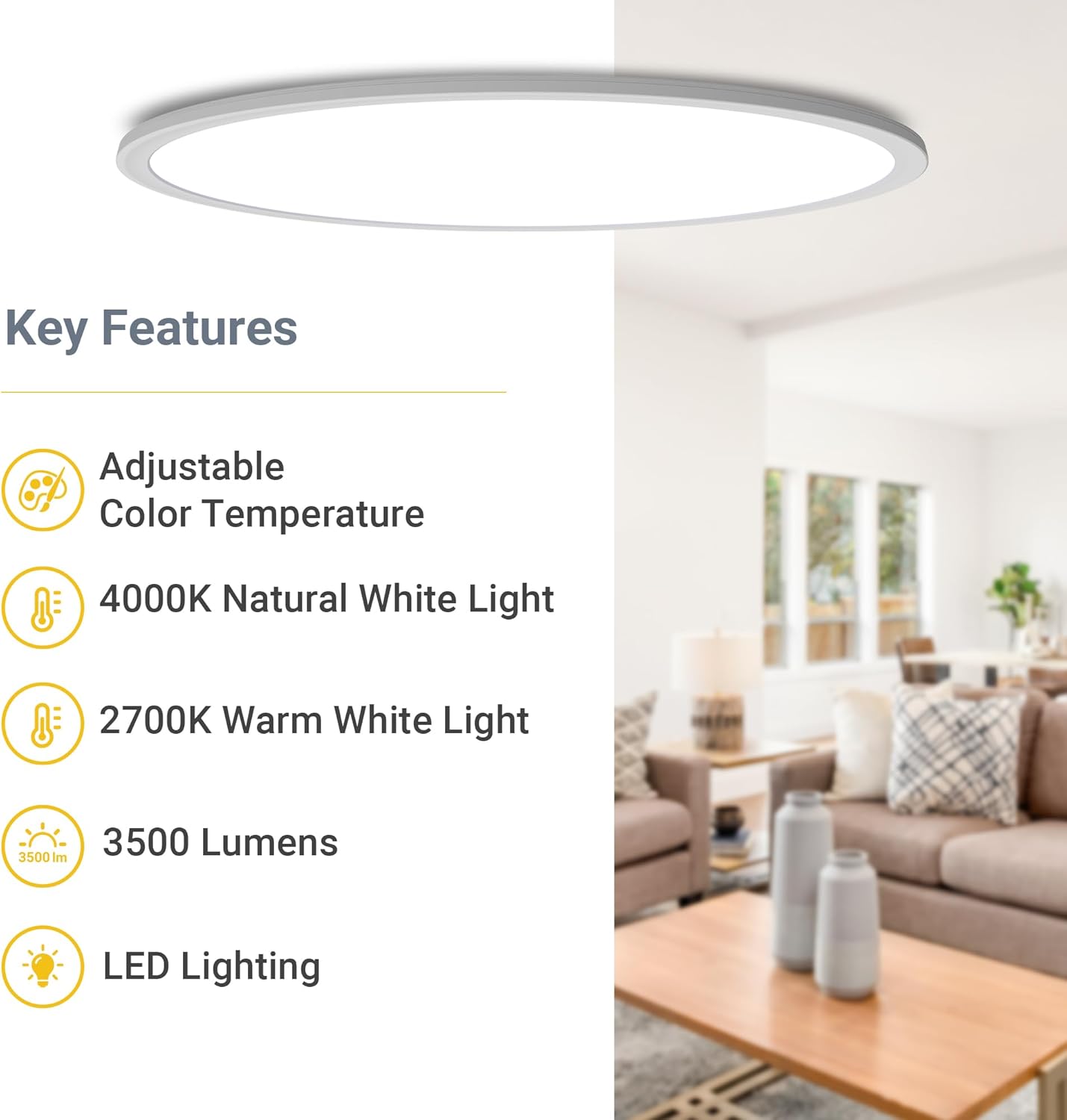 Key features of the Koda LED Ceiling Light, including adjustable color temperature, 3500 lumens, and LED lighting.