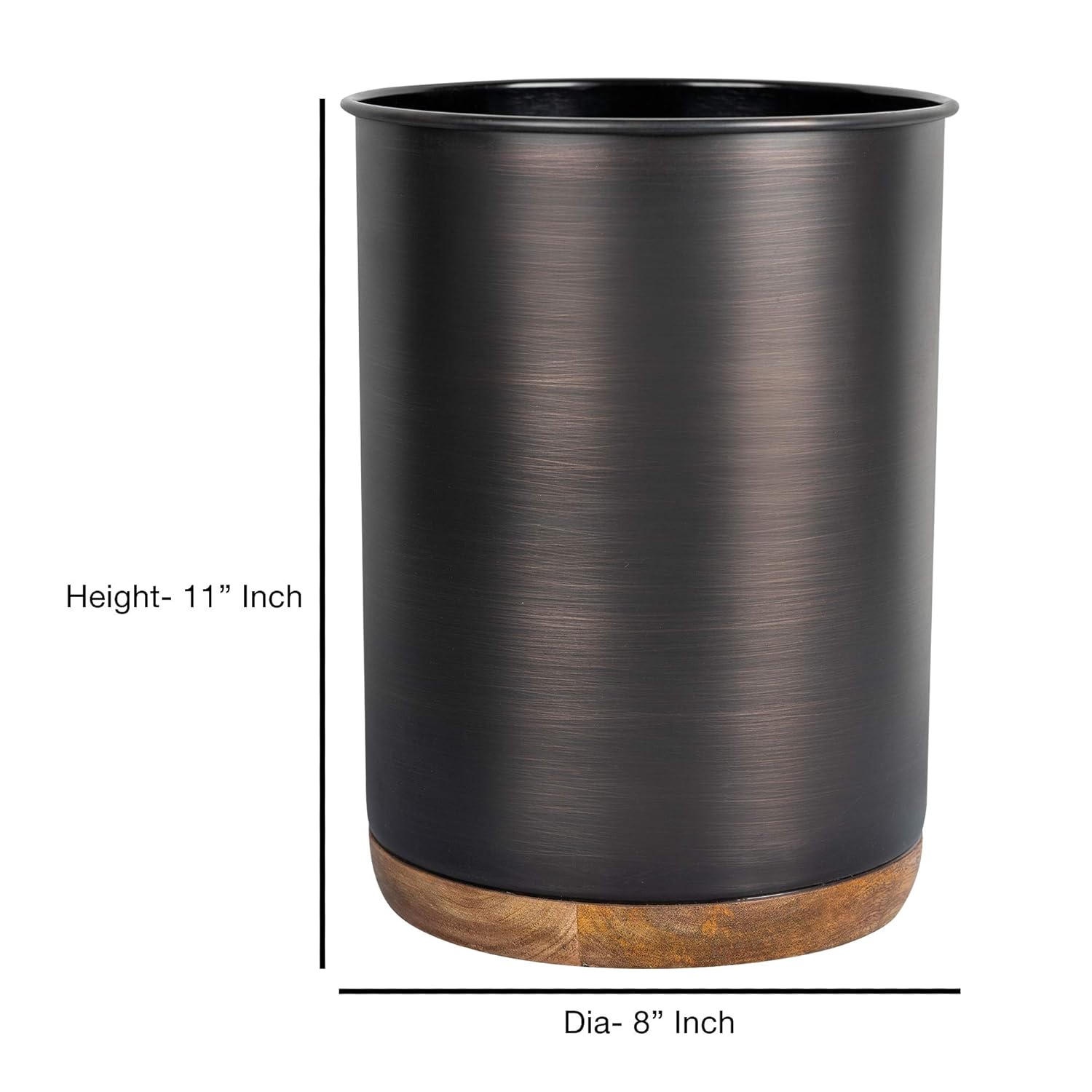 nu steel Salem Metal and Natural Wood Wastebasket, Small Round Plastic Vintage Trash Can for Bathroom, Bedroom, Dorm, College, Office, 8" x 8" x 11", Oil Rubbed Bronze
