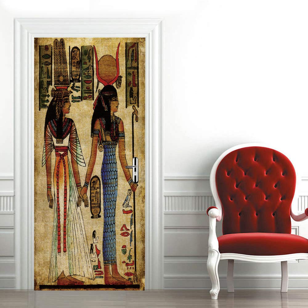 Papier peint porte trompe l'oeil égyptien 95x215 cm en PVC pour décoration murale