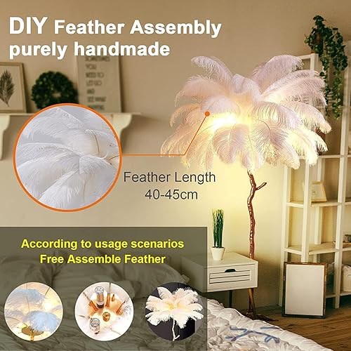 Miniatura 10 de Lámpara de pie de plumas de avestruz natural, moderna lámpara de pie LED regulable, lámpara de lectura romántica para dormitorio de princesa,