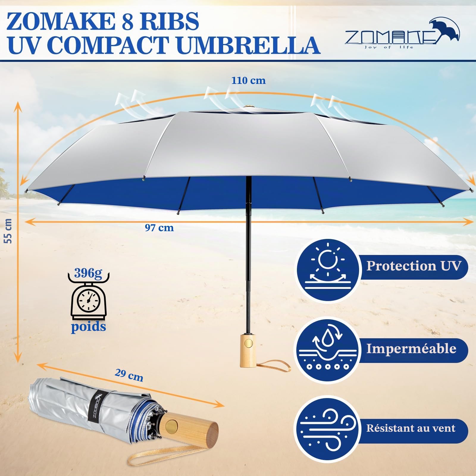 ZOMAKE Parapluie Pliant Anti Uv,Parapluies Compact Automatique Anti TempêTe,Petit Ombrelle Soleil Solide Avec PoignéE En Bois Pour Homme Femme