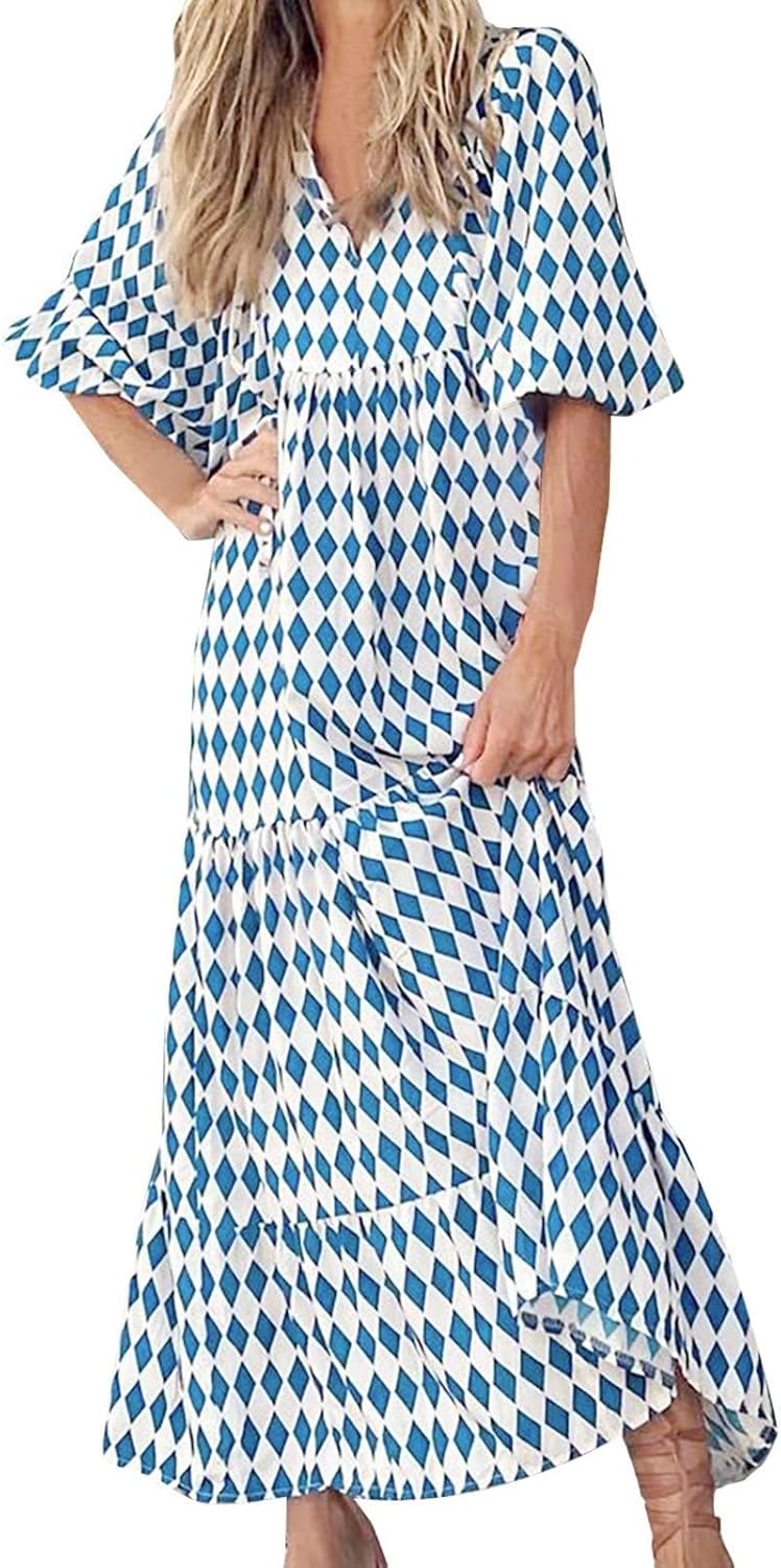 Womens Maxi Dresses Summer V Neck 3/4 Puff Sleeve Boho Dress Geometric Pattern Long Dresses Casual Beach Sundress