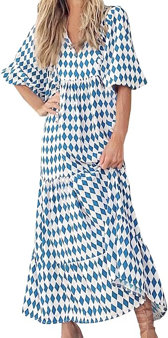 Womens Boho Maxi Dresses Summer V Neck Puff Sleeve Long Bohemian Dress Floral Flowy Swing Casual Wedding Guest Dress
