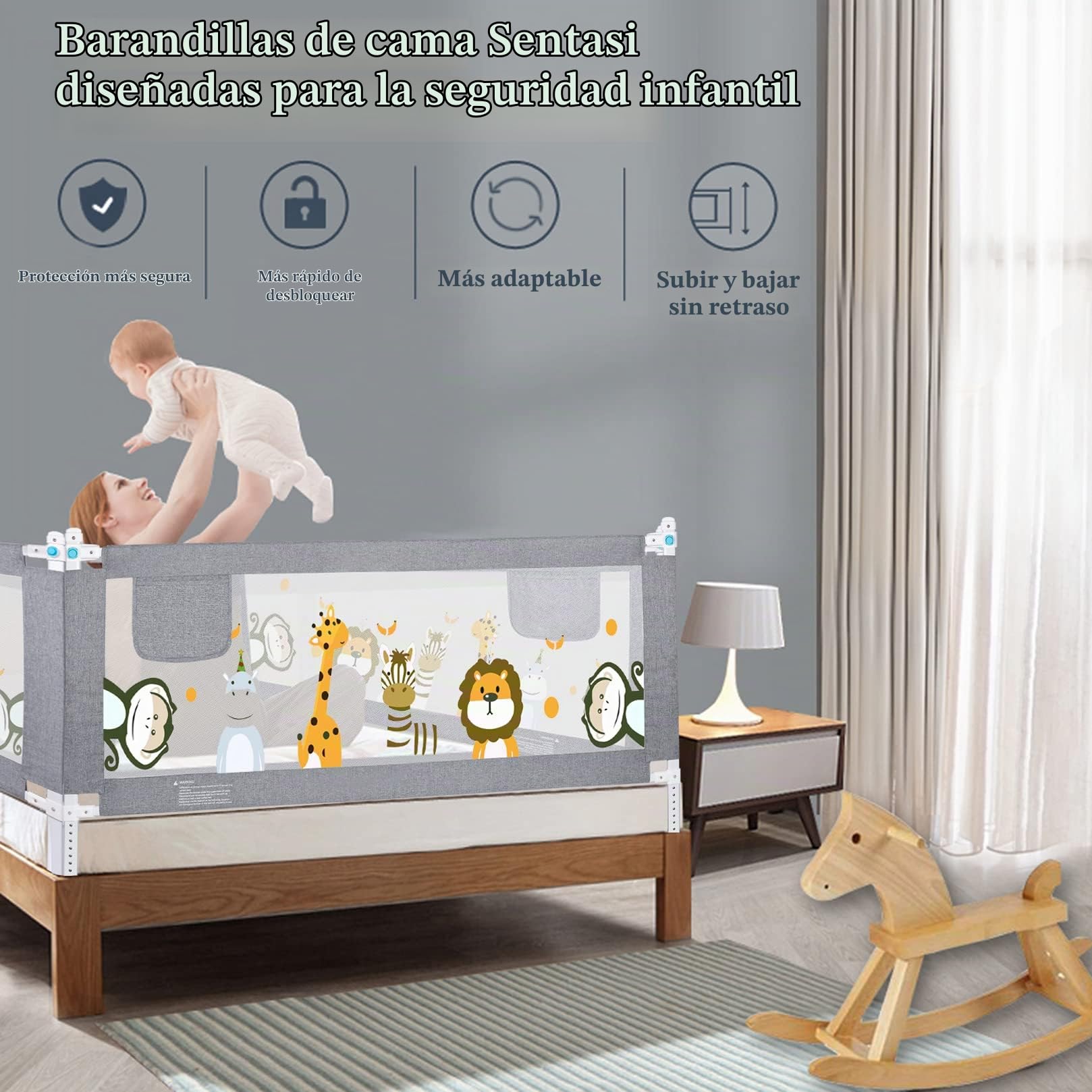 Barrera Seguridad Cama Niños Portatil 200cm, Barandilla Cama Niños Anticaída con Elevación Vertical/Doble Cierre De Seguridad/Ajustable En Altura Barrera Cama - 1 Lado