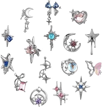 Dimeho 16 Pcs Moon Star Crystal Nail Art Charms 3D Nail Charms for Acrylic Nails Luxury Alloy Rhinestone Nail Decoration Shiny Butterfly Nail Art Supplies Accessories for Women Manicure DIY Crafts