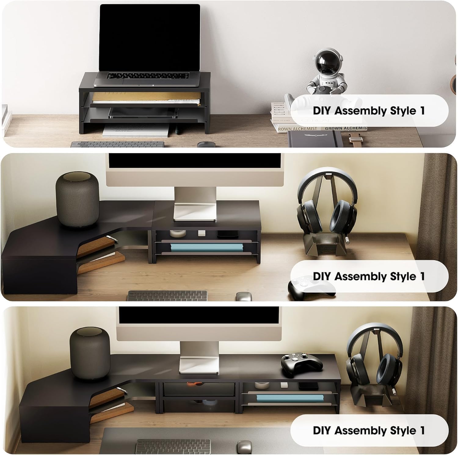Fenge Monitor Stand, 3-Tier Monitor Riser with Slide-Out Tray, Wooden and Metal Desktop Organizer for Home Office, Computer, Laptop, Printer, Telephone