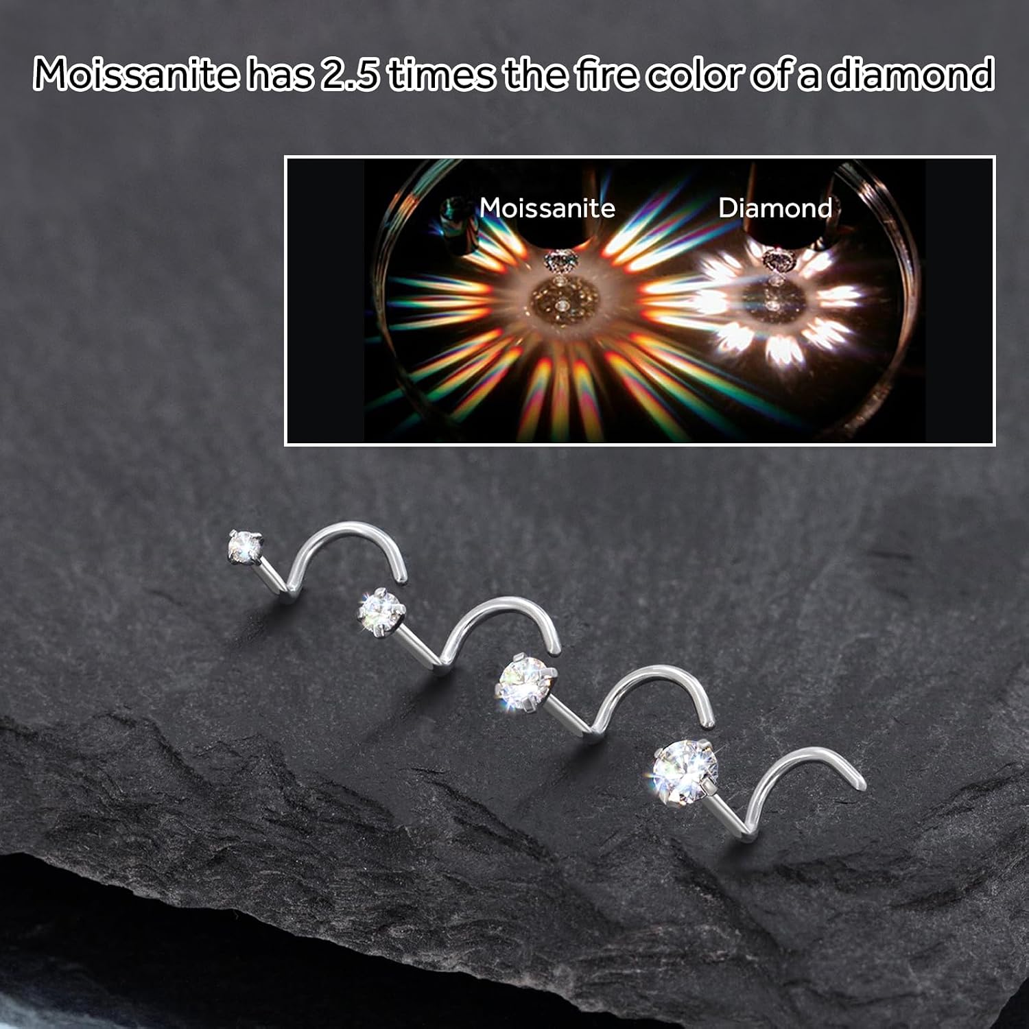 4Pcs G23 Titanium Moissanite Nose Ring Studs, 20G 7mm Nose Rings Piercing Jewelry for Women Men