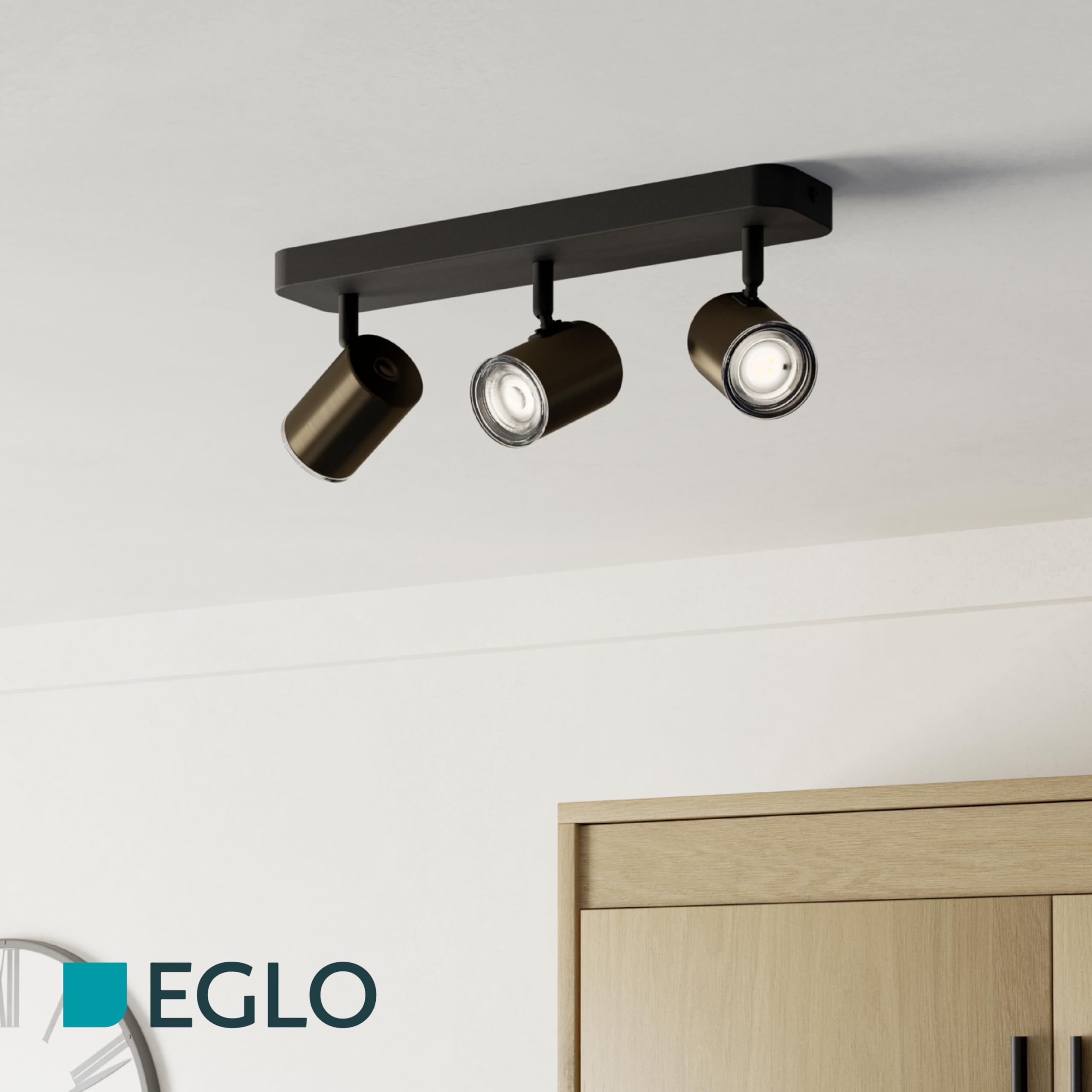 Eglo lámpara de techo Consuma 1, barra de 3 focos, iluminación de baño | de techo, metal negro y bronce, foco con casquillo GU10, IP44