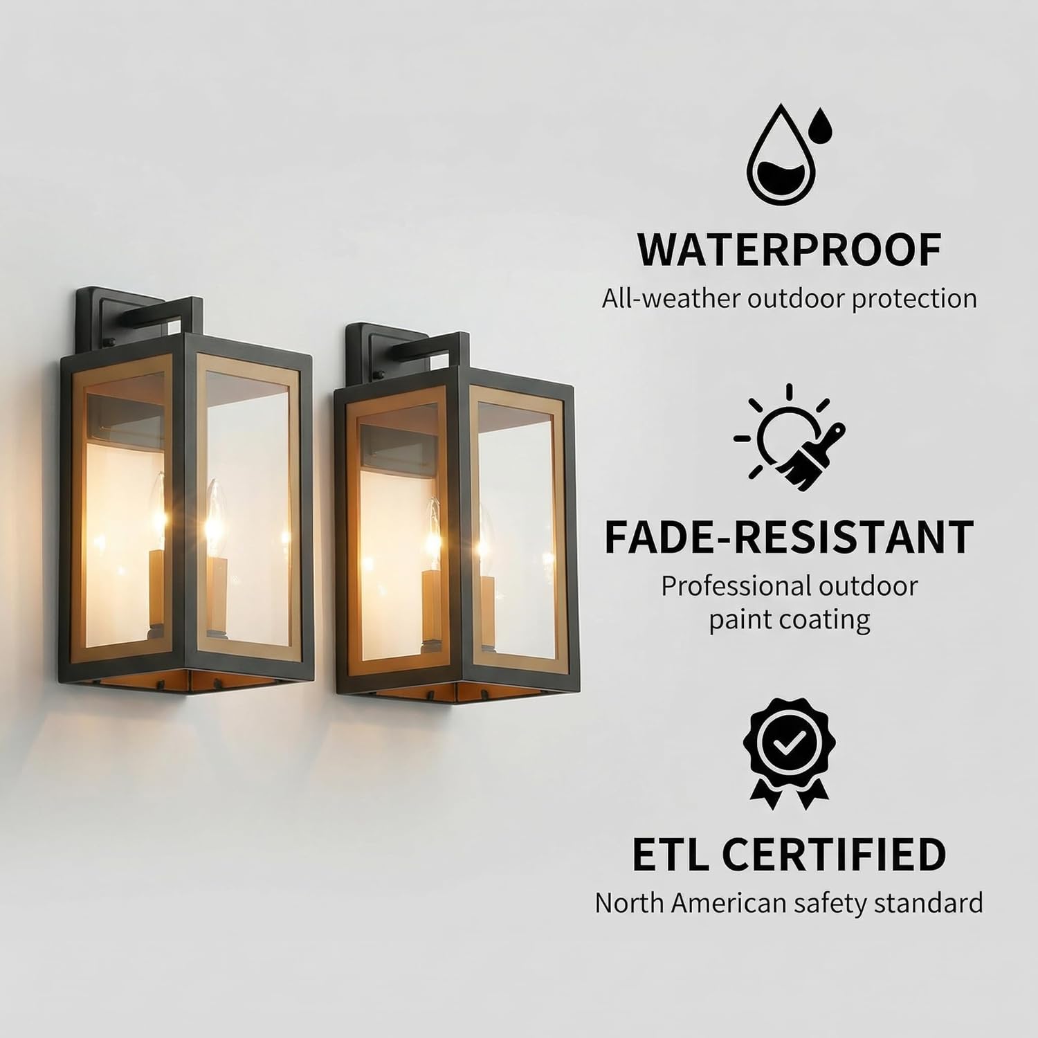 mirrea 16-inch Outdoor Porch Wall Light for House, Waterproof Exterior Sconce for Patio, Wall Mount Lighting Fixture for Front Door, Black and Gold Rectangle, Clear Glass, Set of 2