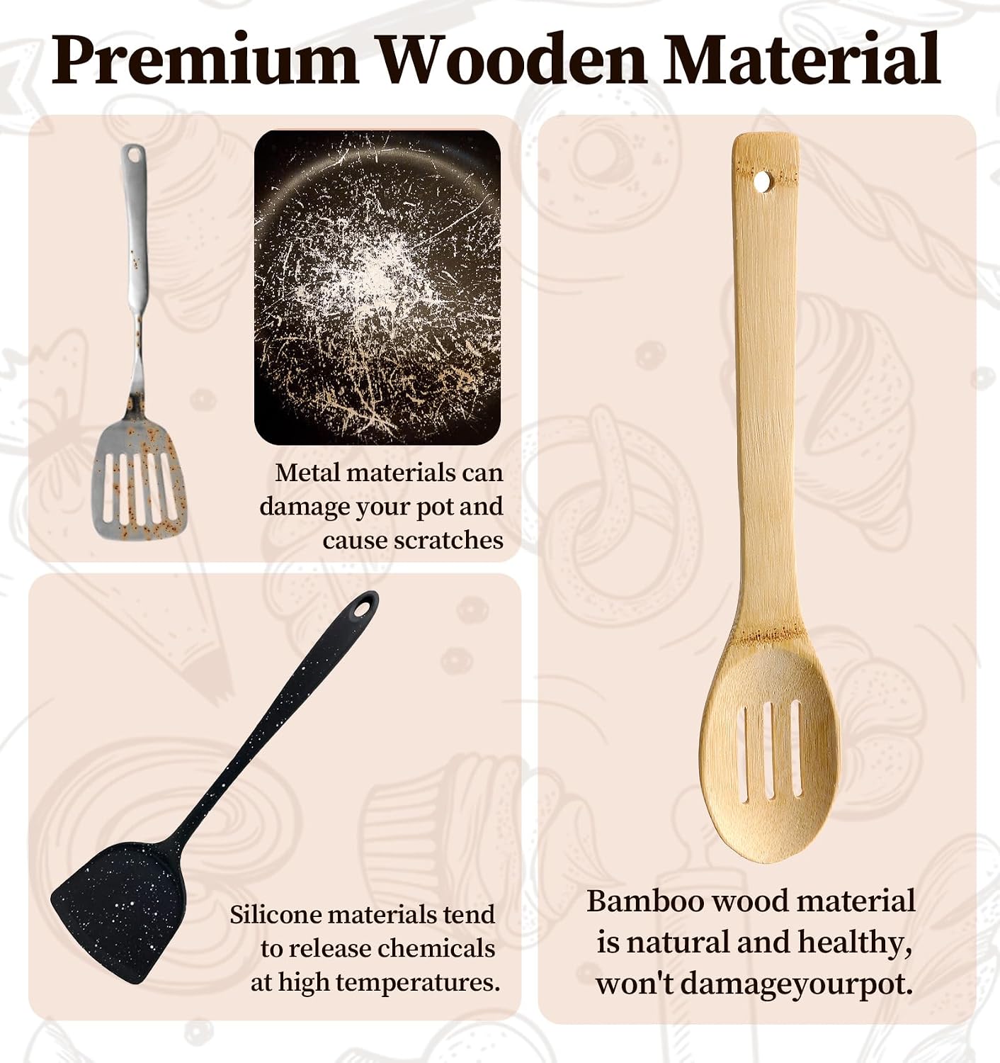 3PCS Wooden Spoon for Cooking, 12in Natural Bamboo Wooden Spoon Kitchen Utensils Set | Bamboo Spoons for Cooking with Slotted Spoon, Solid Spoon & Spatula –Non-Stick, Smooth, Kitchen Utensils for Cooking & Baking