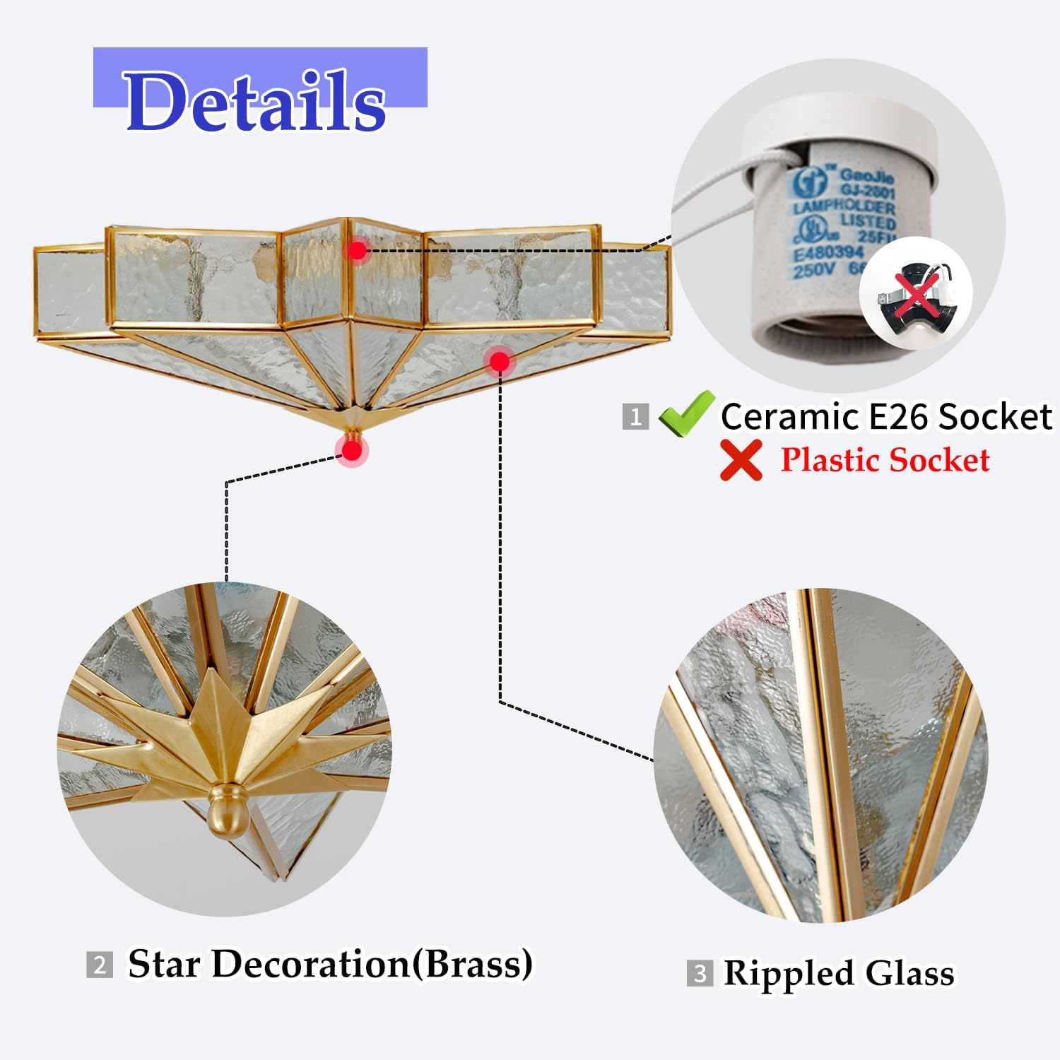 Star Shaped Flush Mount Ceiling Light with Ceramic Light Socket Brass Ceiling Lighting Fixture, Mid Century Ceiling lamp for Entryway, Hallway, Bedroom (Rippled Glass, 19.69")