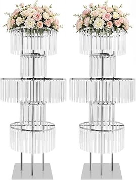 5 Tiers Crystal Flower Stands,2PCS 43.3 In Round Chandelier Pedestal with Square Base,Wedding Table Centerpieces for Birthday Party Decoration silver