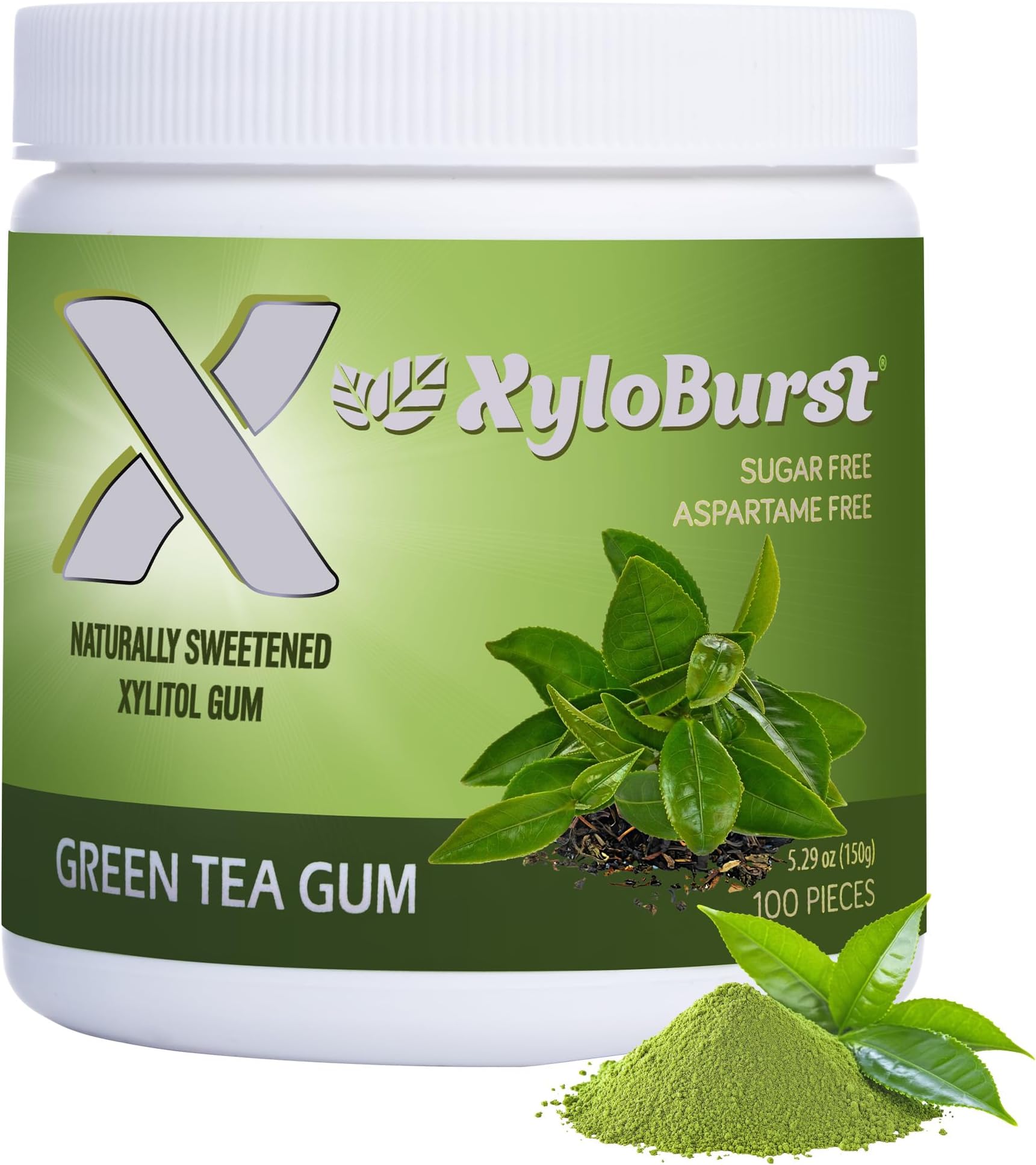 Gum | Xylitol Chewing Gum | Sugar Free, Gluten Free, Keto Friendly | Aspartame Free Gum For Oral Health | Green Tea | 100-Count Jar