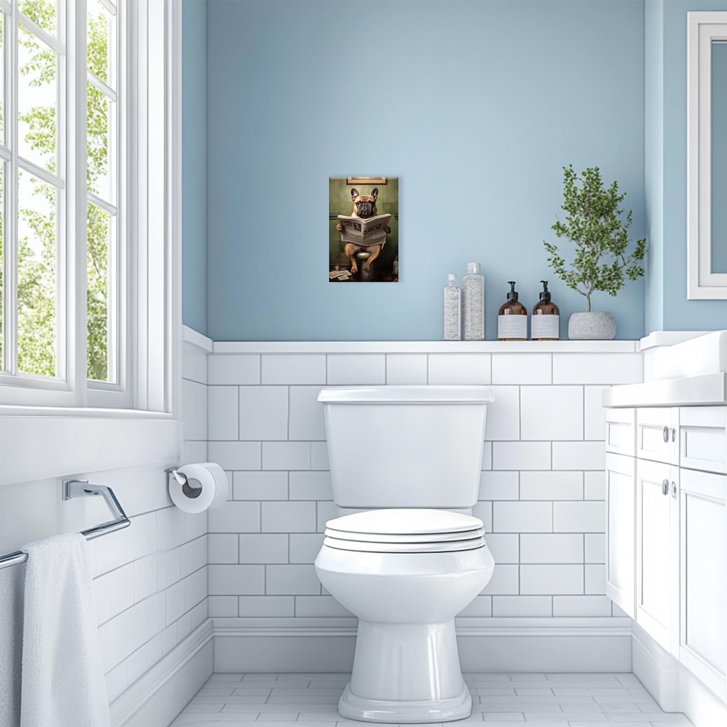 Funny Bulldog Bathroom Canvas Wall Art, Dog on Toilet Reading Newspapers Picture Print Rustic Farmhouse French Bulldog Bathroom Painting Poster for Washroom Restroom Decor(Artwork-02, 16"x24")