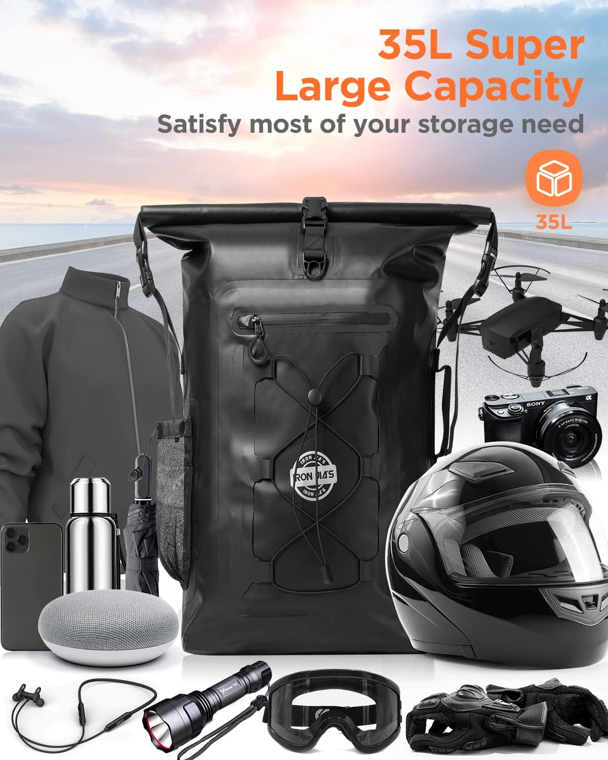 Motorcycle Backpack Waterproof Tail Bags Sissy Bar Bag Travel Saddlebags 35L Touring Duffle Bags PVC 500D Dry Bag for Skiing Travel Hiking Camping Boating Riding Fishing - Black : Automotive