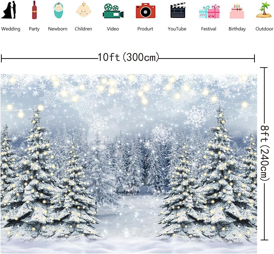 Winter Forest Photography Backdrop Glitter Snowy Pine Tree Scene Background Christmas Xmas Holiday Happy New Year Holiday Party Decoration Banner (10x8FT(120x96 inch))