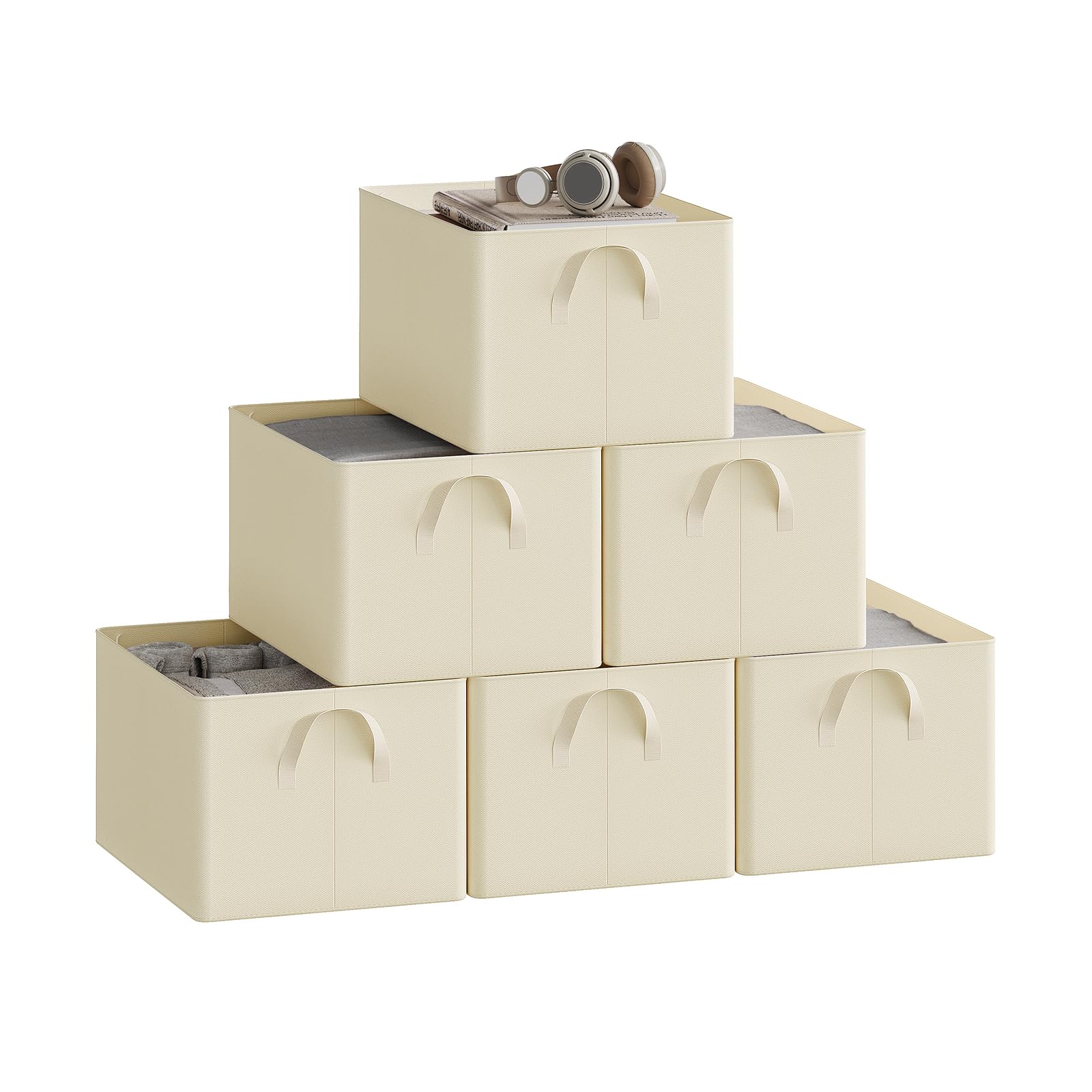 Woltu Cream Set Of 6 Foldable Storage Boxes, Fabric Storage Baskets With Handles, Wardrobe Storage Organisers, Clothes Storage Boxes For Shelves, 42X32x26cm