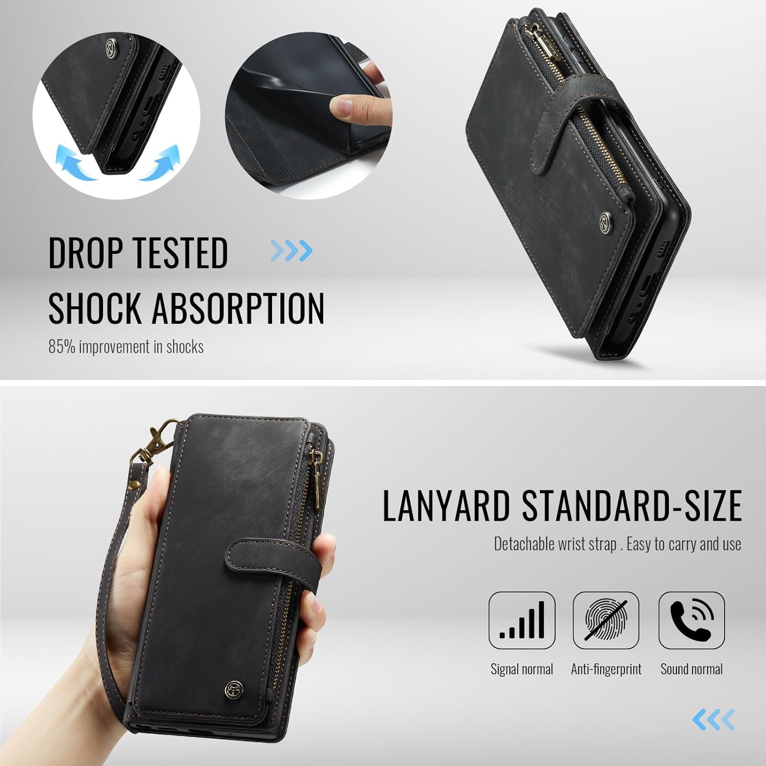 Compatible with Samsung Galaxy A16 5G Wallet Case with Card Holder Kickstand Magnetic Zipper Pocket Lanyard Strap Wristlet,Leather Flip Case Wallet for Galaxy A16 5G 6.7 Inch(Black)