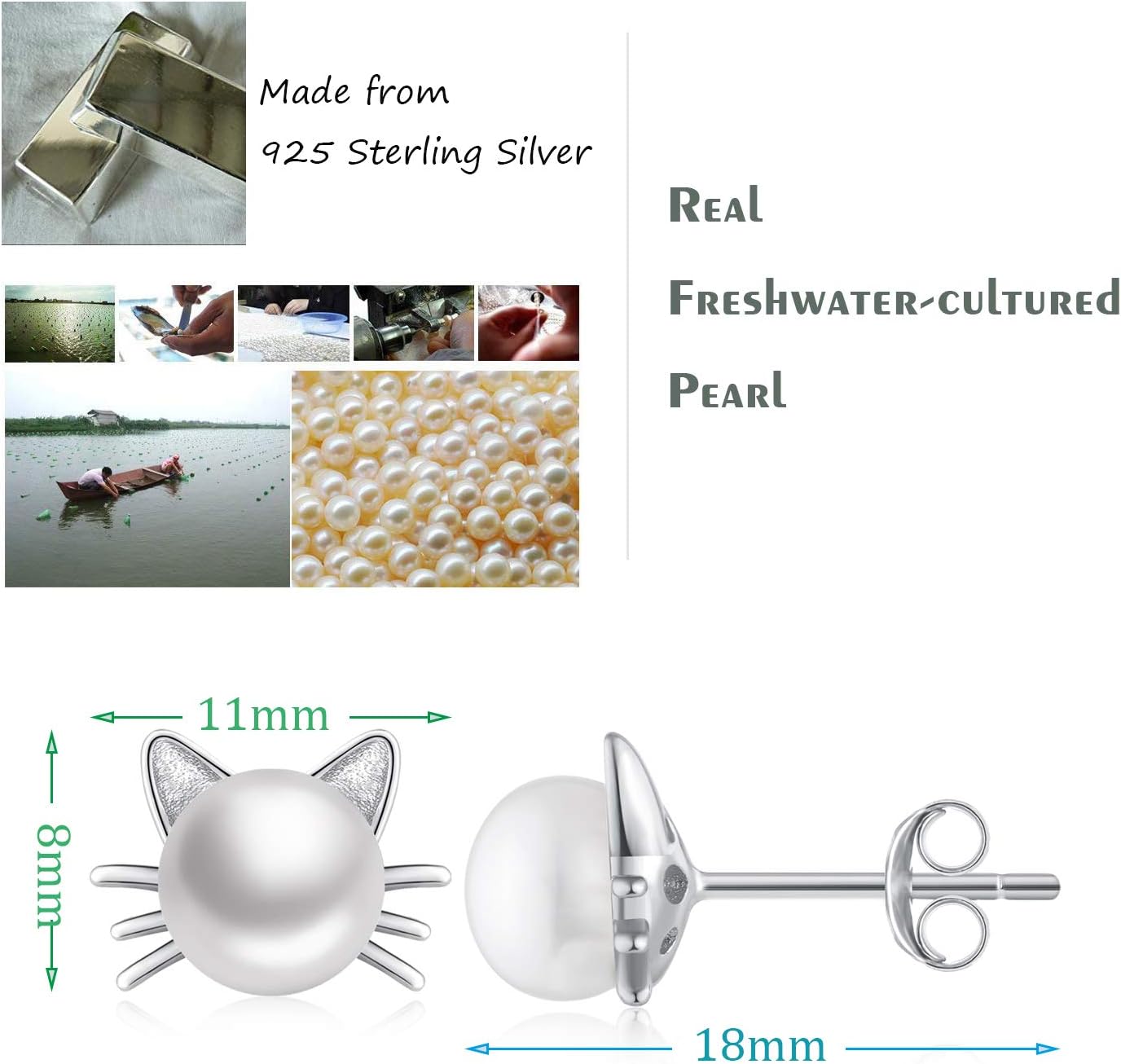 .925 Sterling Silver Cute Cat Kitty and Freshwater-Cultured Pearl Stud Earrings - Image 5