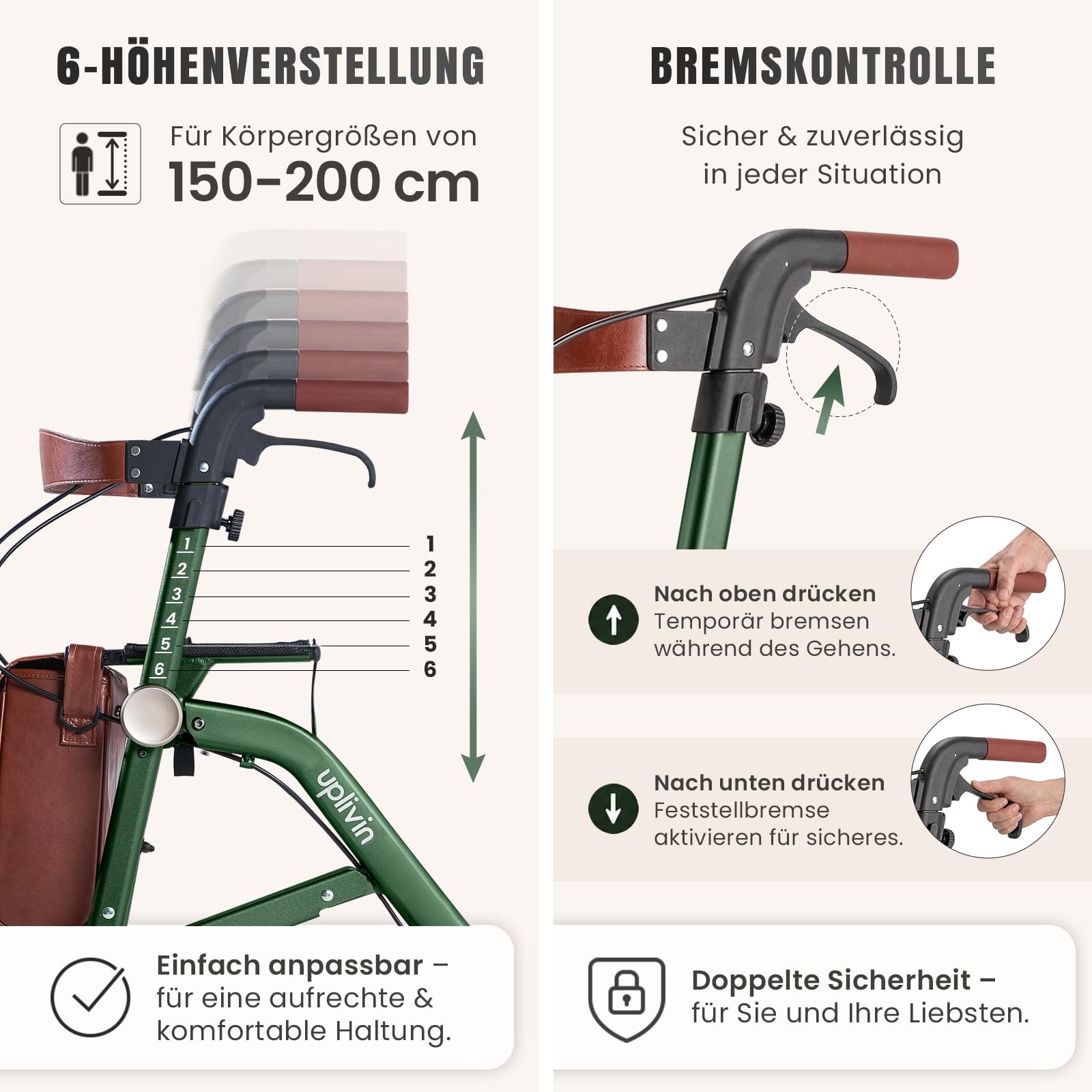 Rollator Faltbar und Leicht mit Sit,1-Schritt Klapp ohne Bücken,Höhenverstellbar, Leicht & Rollator schmal für Wohnung und Outdoor,Gehwagen mit Bremse, All-Terrain Räder