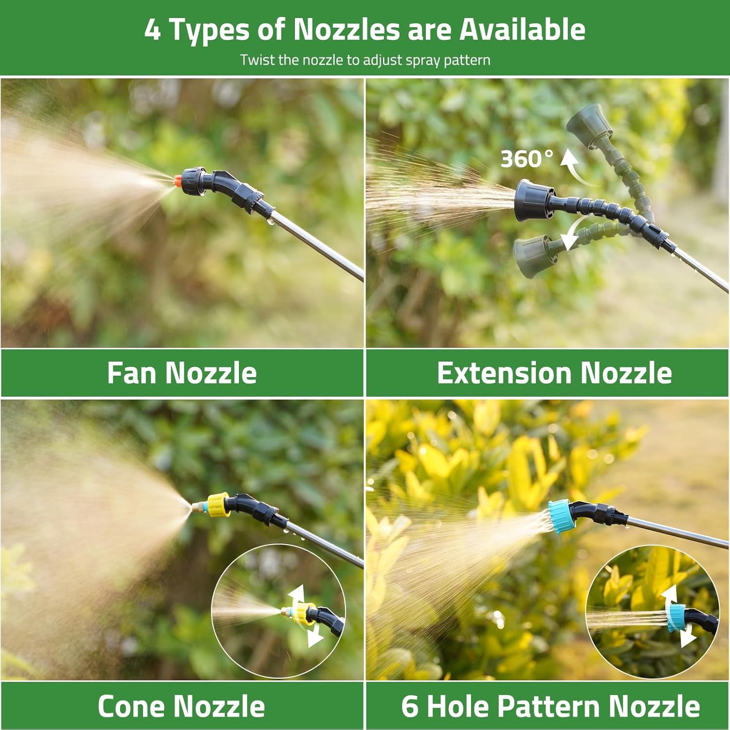 DOUBFIVSY Battery Powered 33" Garden Sprayer Wand, 3 Adjustable Speeds, 4 Mist Nozzles, 10 FT Hose, Black, ABS Handle, Stainless Steel Tube, Lawn & Garden Sprayer - Image 3