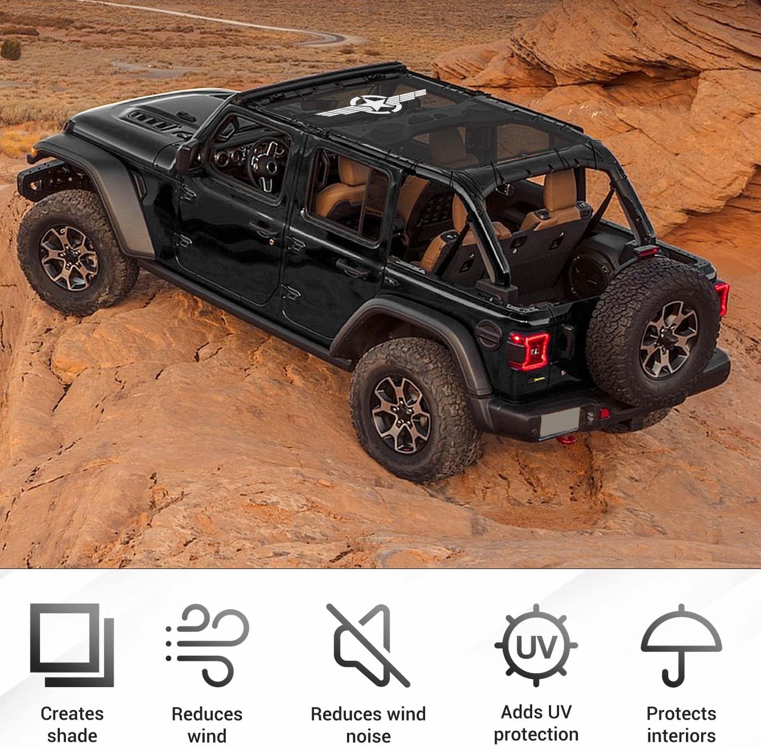 RT-TCZ for Jeep JLU Sunshade Mesh Shade Top Cover UV Protection Accessories for Jeep Wrangler JLU 2018 up for Jeep Gladiator JT 2020 up Bikini Top Black Star Wings (4-Door)