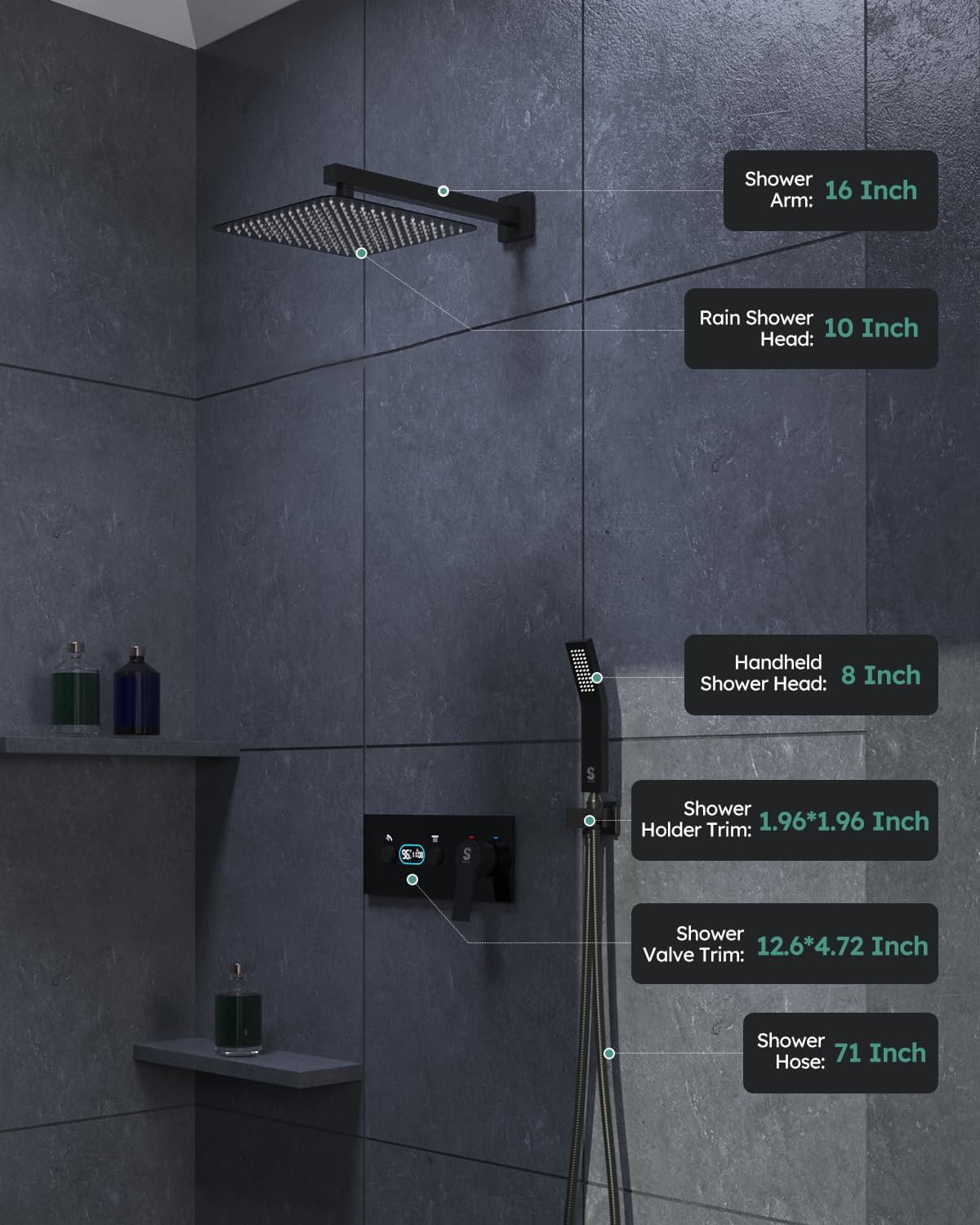 LED Digital Display Shower System - SR SUNRISE 10 Inch High Pressure Shower Head and Handheld, Thermostatic Valve, Luxury Rainfall Shower Faucet Perfect for Bathroom Remodel, Matte Black