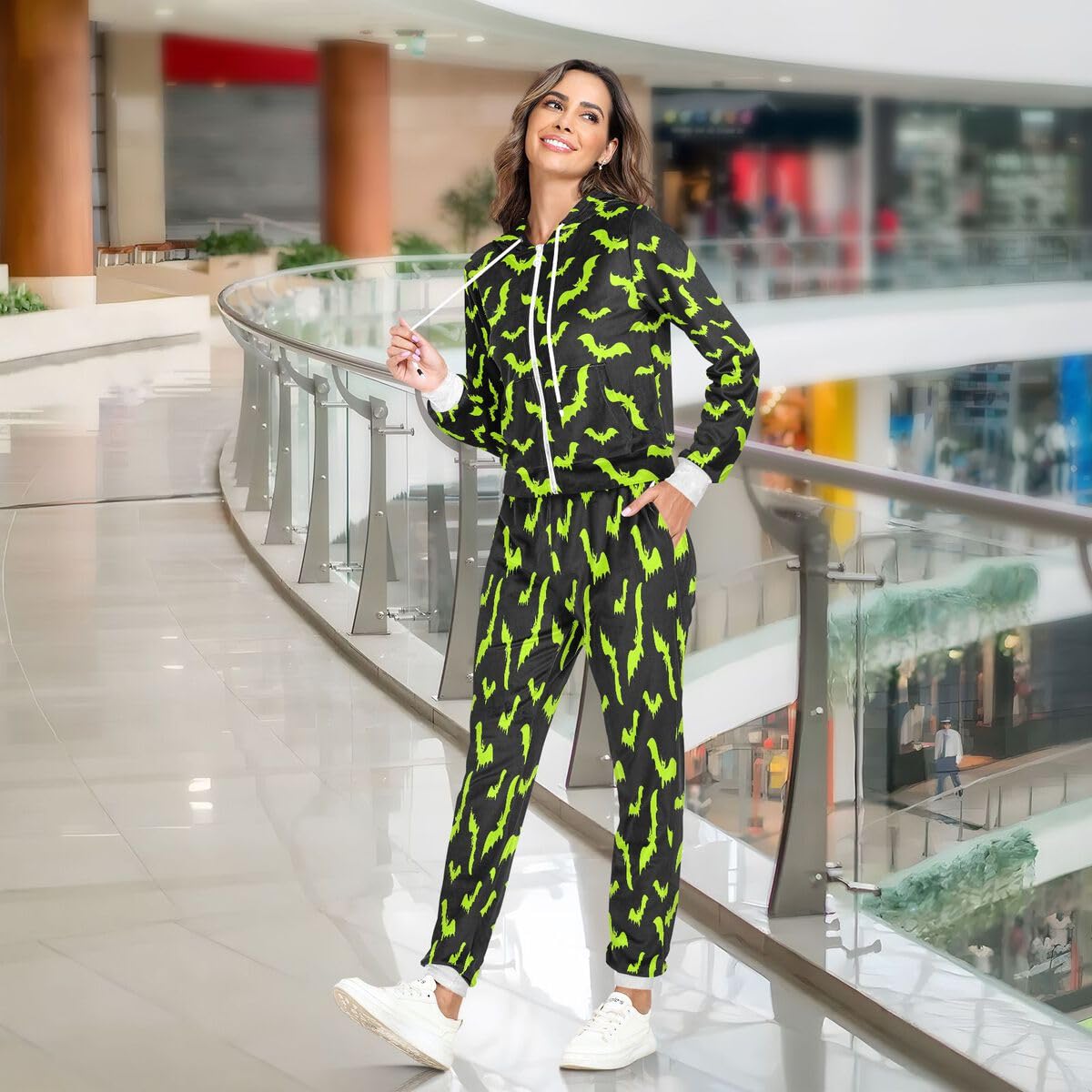 Conjunto deportivo de 2 piezas para mujer, diseño de murciélagos verdes, conjunto deportivo de manga larga para Halloween
