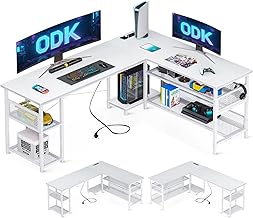 ODK Gaming Tisch, 168×120cm Reversibel Gaming Schreibtisch mit 2 Steckdosen und 2 USB Ladeanschluss, Eckschreibtisch mit Maximale Organisation & Stauraum, Weiß