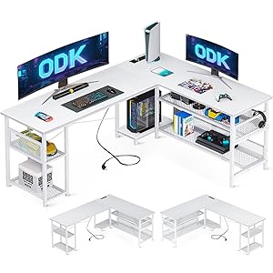 ODK Escritorio Gaming en Forma de L con Diseño Reversible, 168×120cm Escritorio con Gran Almacenamiento, Escritorio Esquinero con 2 Enchufes y 2 Puertos USB (Blanco)